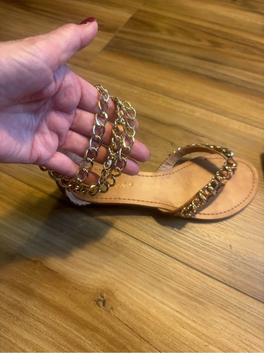 Shoe Dazzle Tan/Brown Sandals with Leopard Ankle Strap & Gold Chains